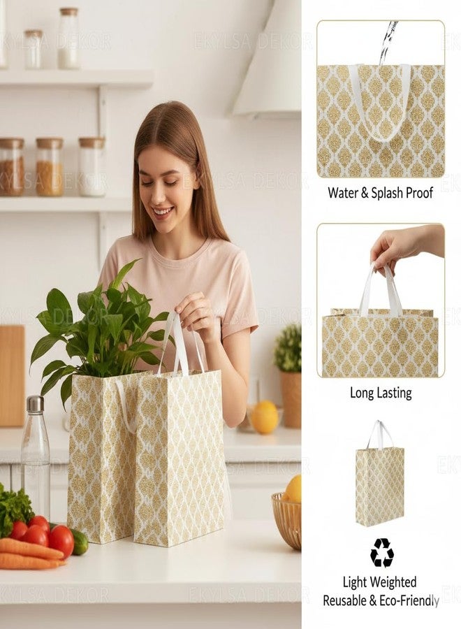 ekysa dekor Non-Woven Reusable Gift Bag With Gold Damask Print Perfect For Parties, Festivals (Diwali, Eid, Christmas), Baby Showers, Or Corporate Giveaways [Whitegold, 13X14X5 Inch, Pack Of 10] - Image 5